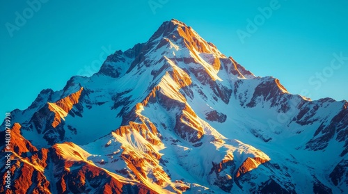 Majestic peak covered with snow and bathed in the warm glow of the sun, silhouetted against a cloudless azure sky in winter.