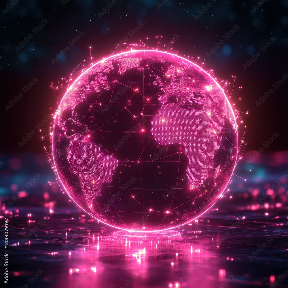 Obraz premium Digital representation of a glowing globe with a network of connections at night