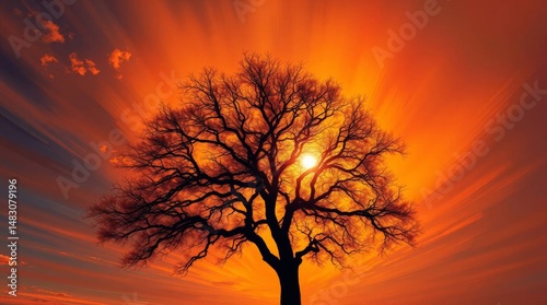 Striking Silhouette: A tree stands silhouetted against a vibrant orange sunset, creating a dramatic contrast of light and shadow.