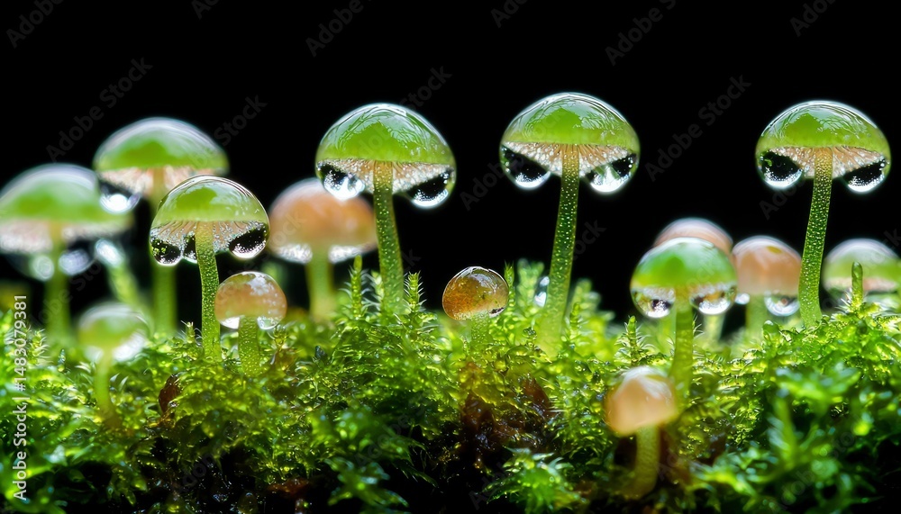 custom made wallpaper toronto digitalTiny mushrooms on moss, droplets