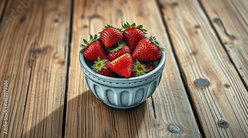 Fresh strawberries fill a ceramic bowl atop a rustic wooden table, sunlight casting shadows and highlighting the vibrant red of the fruit.