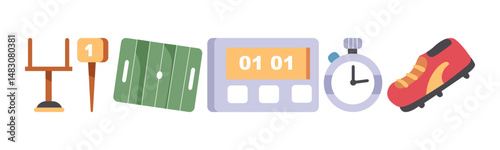 The image showcases various components related to a football game, including a field, a goalpost, a scoreboard, a clock, and a football shoe.