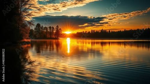Golden sunset over a calm lake with trees silhouetted against the colorful sky, reflecting in the water's gentle ripples.