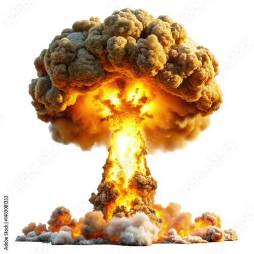 nuclear explosion blast with mushroom cloud isolated on transparent white background, clipping path