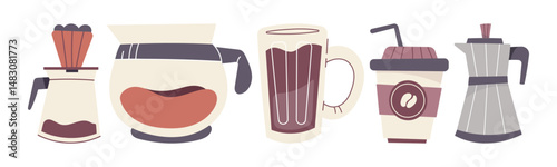Five stylized coffee makers and cups illustration. A collection of different ways to make and enjoy coffee, showcasing variety and warmth.