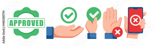 An illustration depicting icons representing approval and rejection. The imagery includes checkmarks, a cross, and hands interacting with a smartphone to show acceptance and denial.