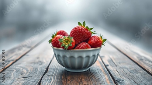 Fresh, ripe strawberries overflow in a vintage-style bowl atop aged wooden planks, embodying simple elegance and natural goodness.