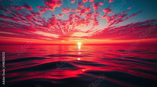 Vibrant sunset over calm waters reflects red sky, creating a surreal and serene oceanic vista, evoking warmth and tranquility.