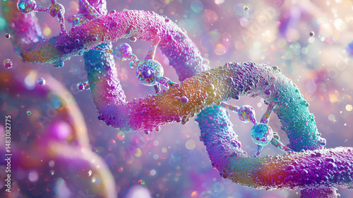 Colorful molecular protein visualization with vibrant DNA strand and abstract biomo elements, showing detailed texture and glowing particles in scientific and futuristic style