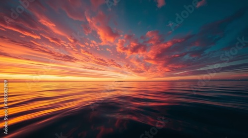 Sunset over the ocean, the sky is illuminated with colors of orange, red, and pink, creating a dramatic and beautiful seascape.