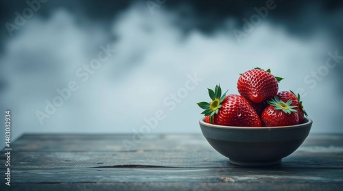 Bowl of vibrant strawberries on a rustic table against a muted, atmospheric background.  Fresh and delicious simplicity.