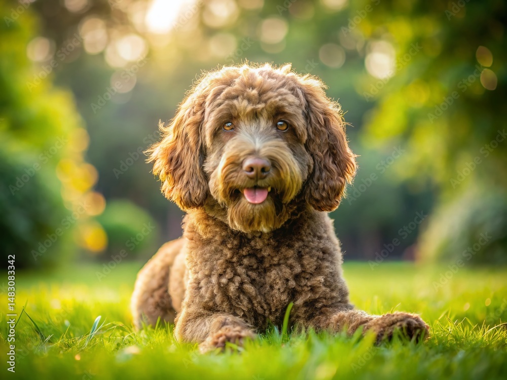 Adorable Chocolate Labradoodle Puppy Lying on Green Grass - Outdoor Dog Portrait Adorable Chocolate Labradoodle Puppy Lying on Green Grass - Outdoor Dog Portrait