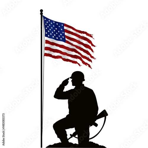 Patriotic Soldier Saluting US Flag, Memorial Day Banner and Veterans Day illustration, Honoring Heroes and Service