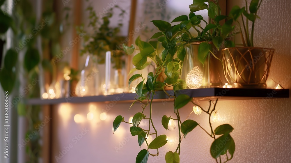 Beautiful shelf decorated with plants and warm lights in a cozy indoor space during the evening