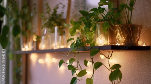 Obraz na płótnie Beautiful shelf decorated with plants and warm lights in a cozy indoor space during the evening w salonie
