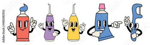 Colorful vintage cartoon illustration showcasing dental hygiene products with playful cartoon characters. Perfect for adding a touch of retro fun to dental health campaigns.