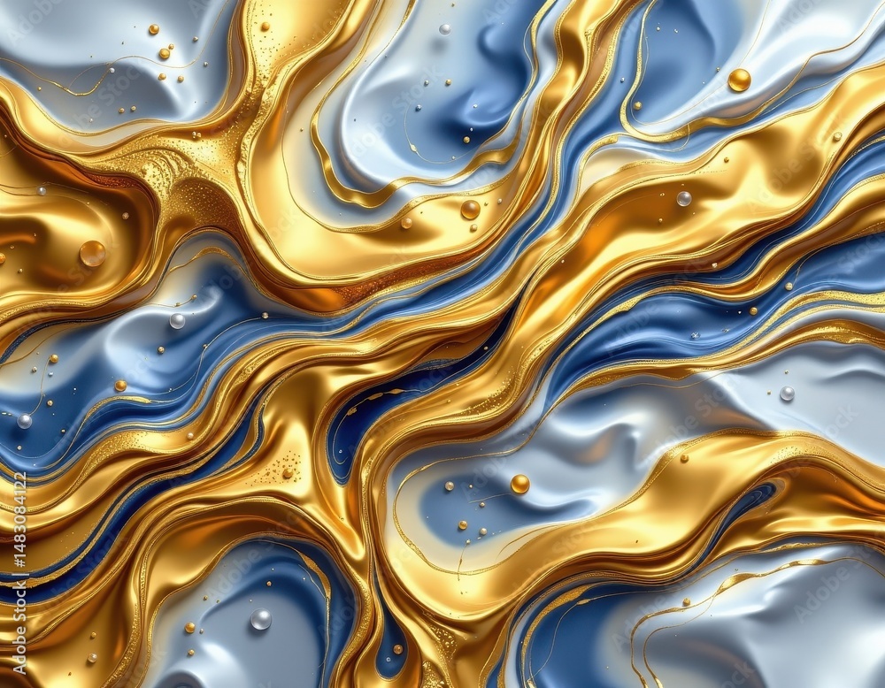 Fototapeta premium a hyper realistic digital painting of a flowing, abstract water and gold pattern with realistic reflections and textures