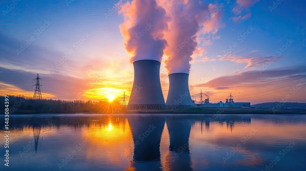 Sunrise over a nuclear power plant complex by a calm lake. Sunrise over a nuclear power plant complex by a calm lake.