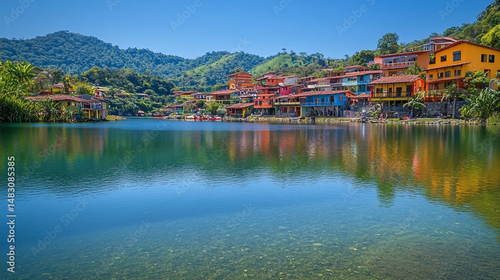 Fototapeta premium Colorful village reflects on tranquil lake
