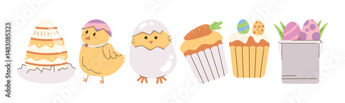 Charming Easter themed illustration featuring decorated eggs, adorable chicks, and sweet cupcakes. Perfect for spring holiday designs.