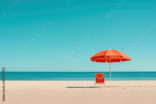 Beach scene with red umbrella and chair