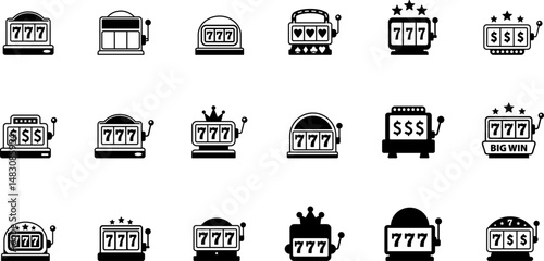 Casino slot. Machine jackpot Slot machine.Jackpot poker 777 slot machine icons. Gambling fortune vector concept. Illustration of game machine, gaming casino, one arm bandit. Lucky icons set.
