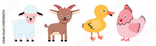 Cute cartoon illustrations of farm animals including a sheep, goat, duck and chicken, perfect for children's books or decorative use.