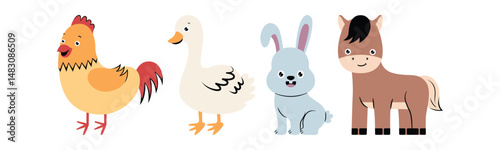Cartoon illustration of a set of cheerful farmyard animals, including a chicken, duck, rabbit and horse, isolated on a white background.