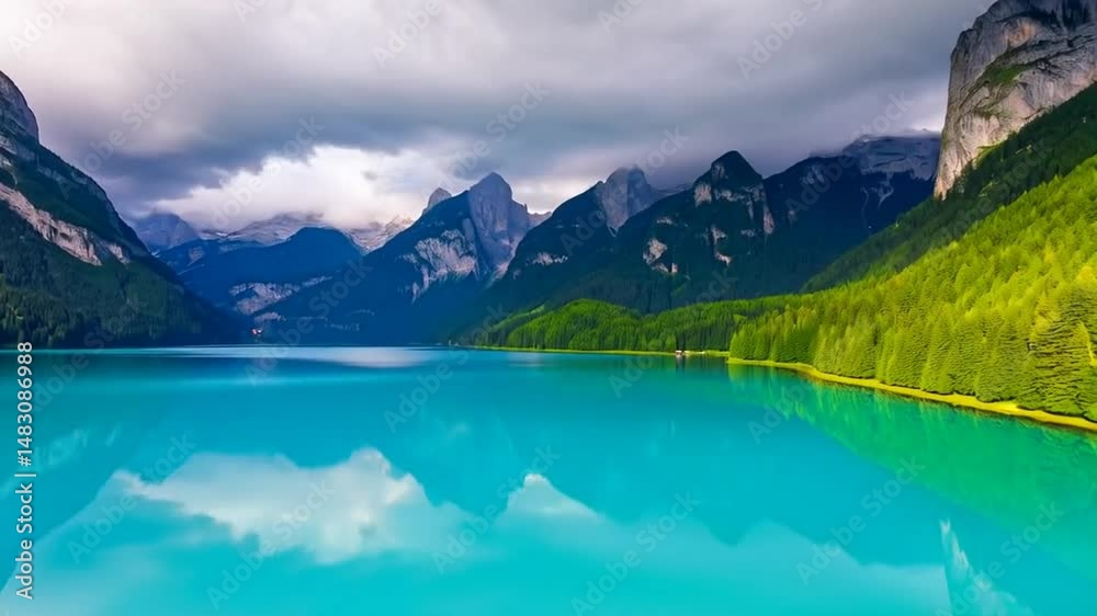 Stunning aerial view of majestic mountains and teal lake with cloud reflections