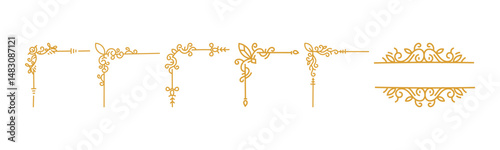 A set of golden ornamental corners and frame elements, perfect for adding a touch of elegance and sophistication to any design project.