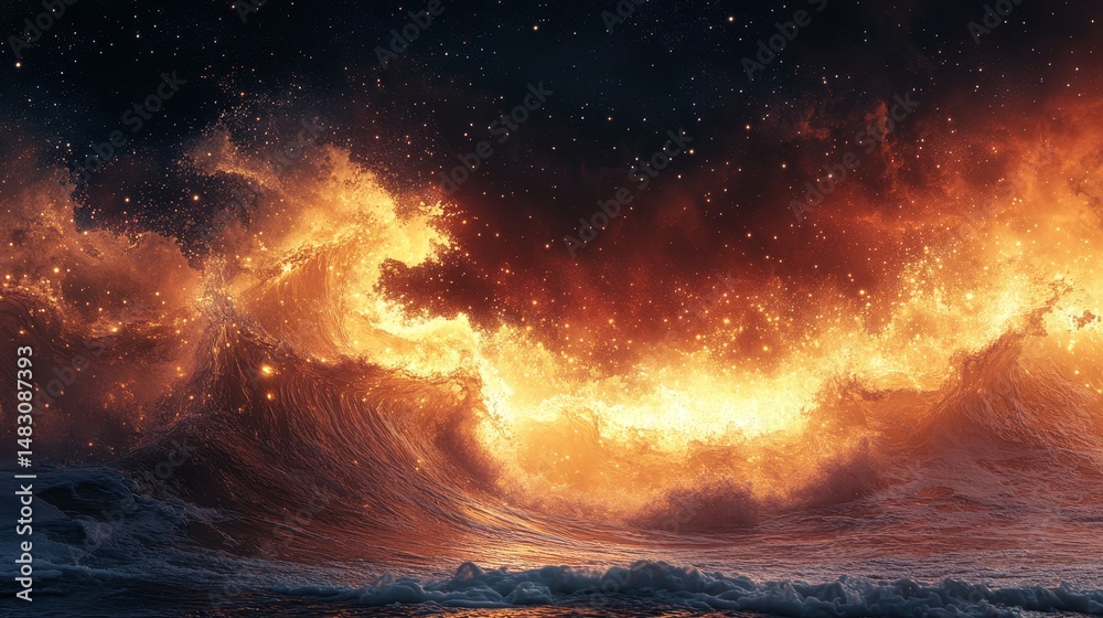Fototapeta premium Fiery cosmic waves crashing across the night sky.