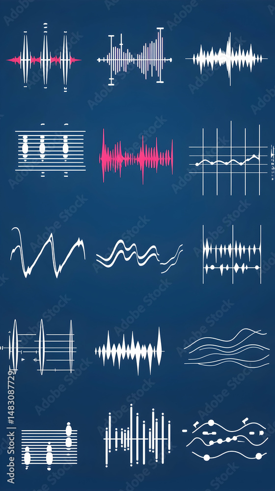 Obraz premium Audio waveforms visualization; sound editing software interface; frequency analysis; digital music production; background is dark blue