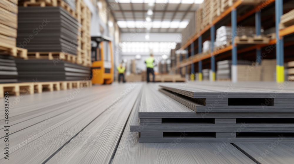 a warehouse storing terrace decking made of wood-plastic composite and terrace constructions. a warehouse storing terrace decking made of wood-plastic composite and terrace constructions.