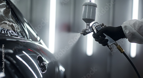 Close Up of Painter Spraying Silver Car Auto Body in Garage with Protective Suit