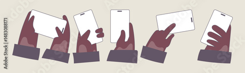 A set of hands holding and interacting with mobile phones. The phones have blank screens, ready for content. Ideal for showcasing mobile applications, user interface designs, or general technology con