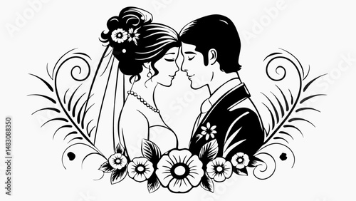 bride and groom, elegant silhouette, swirling floral patterns, formal wedding attire, black and white, romantic couple..svg