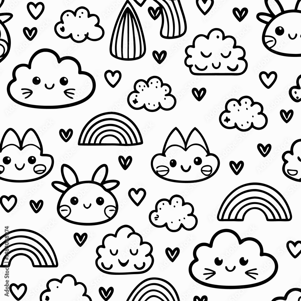 Naklejka premium Cute cartoon clouds, rainbows, and hearts repeating pattern