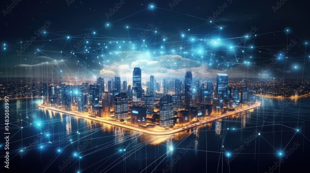 Fototapeta premium 5G, 6G, Big data wireless network, high speed internet, cloud computing or connect diagram technology, Data storage, service, synchronize, online, financial, Connectivity global, smart city,