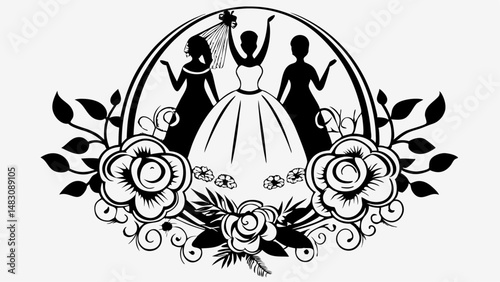 bride throwing bouquet with bridesmaids cheering in silhouette..svg