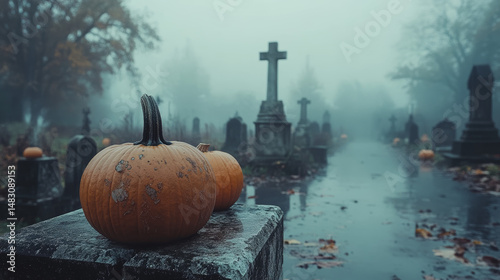Pumpkins in a misty graveyard create a spooky Halloween scene with eerie tombstone silhouettes.