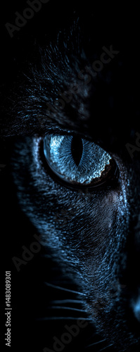 Captivating blue cat eye with striking intensity, set against a dark background.