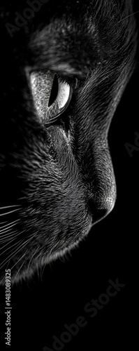 Monochromatic close-up showcases the intricate details of a feline's face, emphasizing its piercing eye.