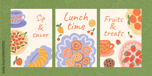 Set of picnic cards with fruits, cookies, croissant, cherry tart, strawberry dessert, tea cup on light background. Weekend lunch and snacks in summer nature. Flat vector illustration.