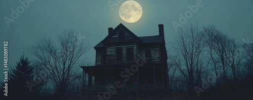 Spooky haunted house in the dark illuminated by the moon, creepy architecture, mysterious atmosphere