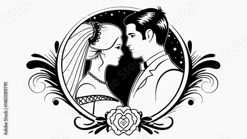 bride walking down the aisle with groom waiting in silhouette scene..svg