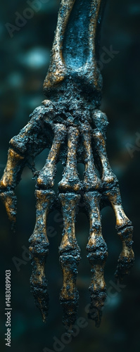 A weathered, dark, bony hand reaching down against a blurred, moody background evokes a sense of mystery.