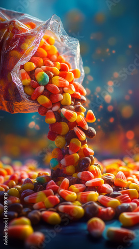 A cascade of colorful candy corn spills from a clear bag, creating a sweet and inviting treat.