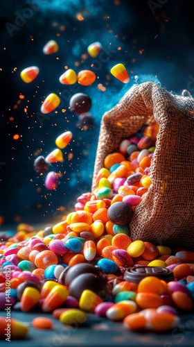 A burlap sack overflows with a cascade of colorful candy, creating a playful and tempting treat scene.