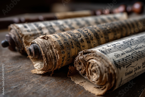 Old music paper rolls lay scattered on a vintage wooden table, illuminated by soft sunlight streaming through a nearby window.