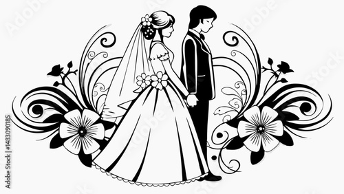 bride walking down the aisle with groom waiting in silhouette scene.svg
